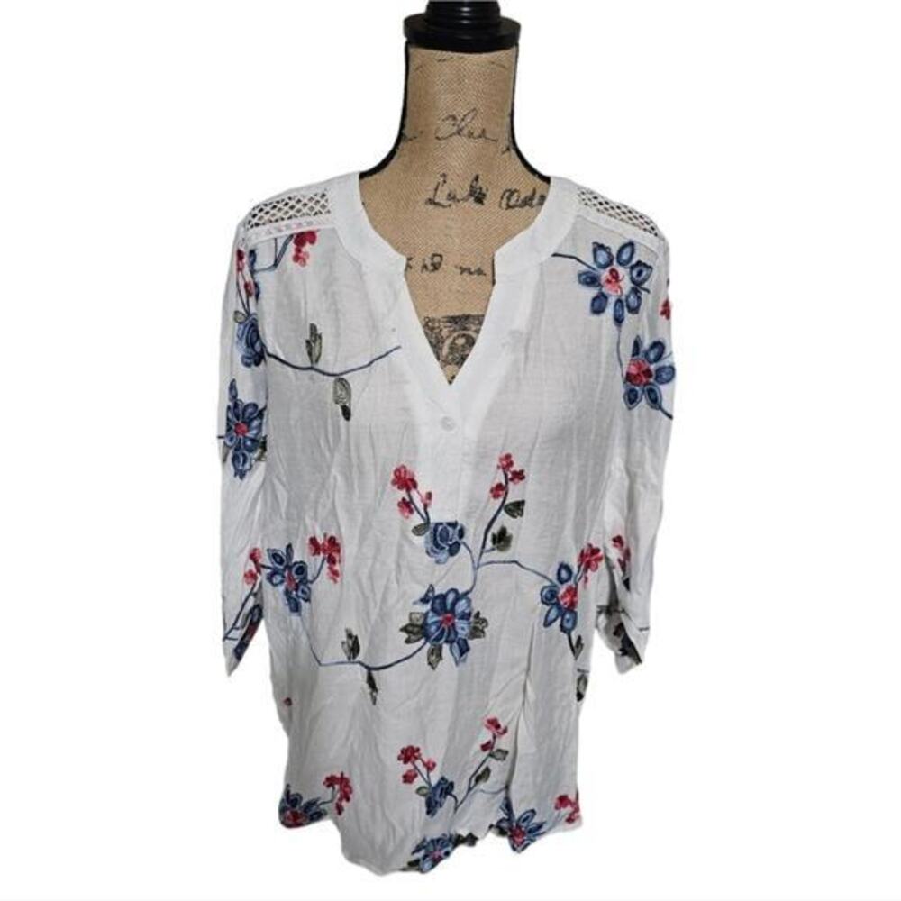 Anthropologie x Kindred Floral Embroidered Crochet Trim Button Down Shirt 2X